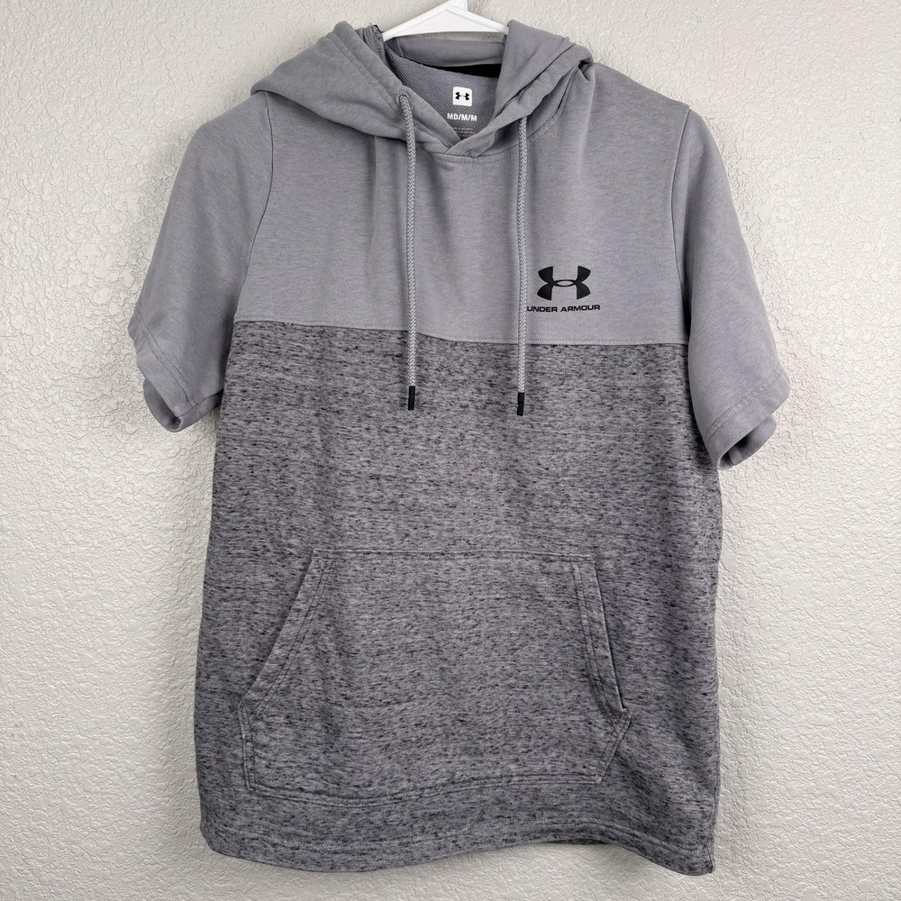 Under Armour Hoodie Mens Medium Gray Short Sleeve Pullover Kangaroo Pocket Logo